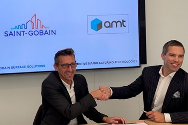 Signing the Agreement (L-R) – Laurent Tellier, Saint-Gobain Surface Solutions CEO, and Joseph Crabtree, AMT CEO and founder. Photo Credit: SGSS