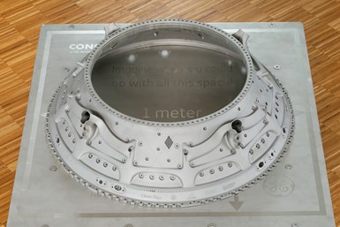 The one-meter-in-diameter part was additively manufactured in nickel alloy 718 on a GE Additive system using the direct metal laser melting (DMLM) process. Photo Credit: GE Additive