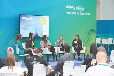 Alex Kingsbury (left) moderating a Women in 3D Printing panel at IMTS 2022 on “How We Support the Next Generation in 3D Printing.”