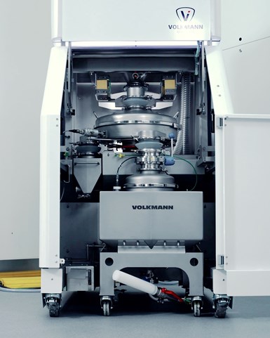 The PowTReX metal powder transfer and recovery system from Volkmann comes set on casters for easy movement to 3D printers. Photo Credit: Volkmann