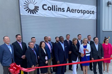 Collins Aerospace leaders join with Iowa Governor Kim Reynolds to cut the ribbon on a $14-million additive manufacturing center expansion at the company's facility in West Des Moines. Photo Credit: RTX