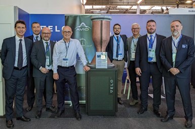 Velo3D CEO Benny Buller (fourth from left) and members of the Avio and Velo3D teams at the Paris Air Show. Photo Credit: Velo3D