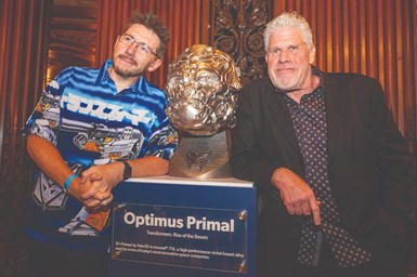 (left to right) Host of “3D Printing Nerd” Joel Telling and actor Ron Perlman, voice of Optimus Primal, on the red carpet for the premiere of “Transformers: Rise of the Beasts.”