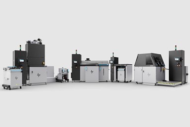 The Metal Jet S100 is not a single printer but a full suite of equipment for metal part production. It includes (left to right): mobile build units, the Powder Management system, the Metal Jet 3D printer, the Curing Station and the Powder Removal system. Photo Credit: HP