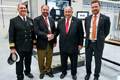 (left to right) Admiral Scott Pappano; President of Phillips Corp. Alan Phillips; Secretary of the Navy, Carlos Del Toro;  Sr. Vice President Global Additive John Harrison. Source: Phillips Corp.