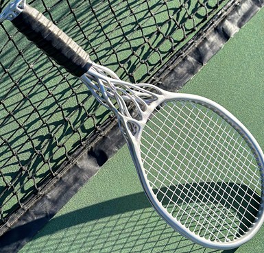 The Hìtëkw tennis racket frame was 3D printed via DMLS technology. 
