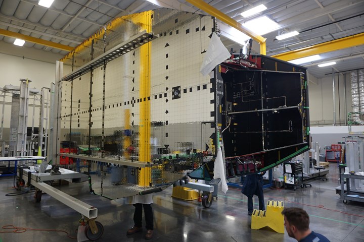 Depicted is a Boeing 702MP+ payload at Alliance Spacesystems’ high bay assembly facility. 