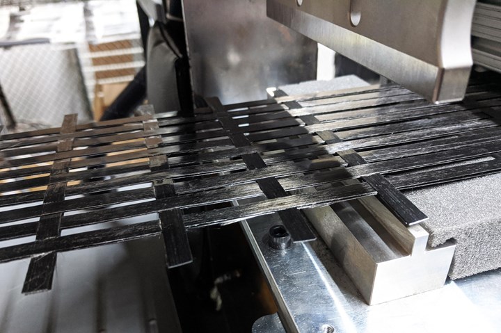  Automated machine and process for weaving thermoplastic composite lattice structures at high volume.