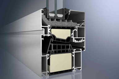 Schüco aluminum window frame cutaway to show thermal breaks