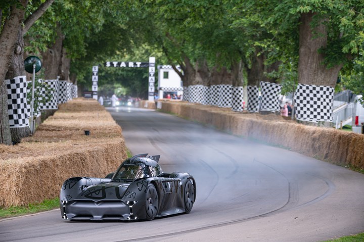 The McMurtry Spéirling, a composite-intensive electric vehicle, making a run at the Goodwood Festival of Speed.