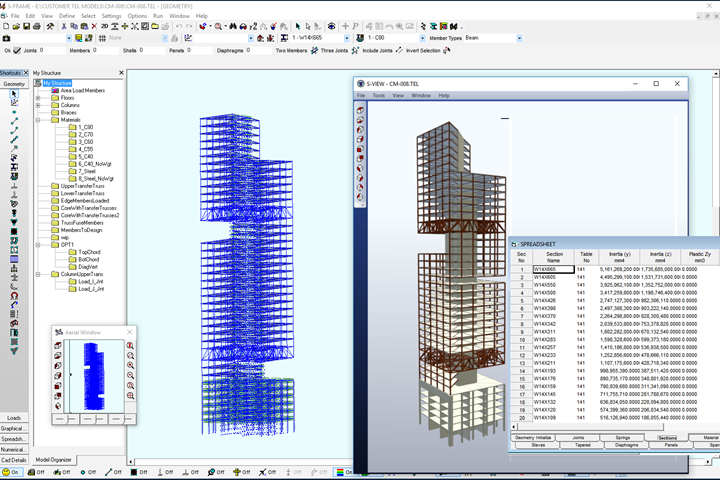 This analysis show a composite concrete core-wall mid-rise tower, including FEA model view in S-FRAME (left) and the object view in S-VIEW (right).