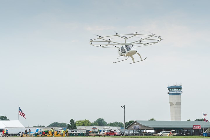 The Volocopter 2X during a rehearsal flight leading up to the EAA AirVenture in Oshkosh.