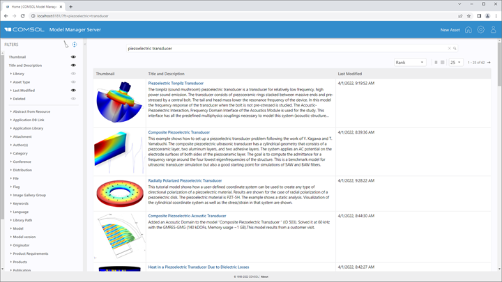 A web interface of the Model Manager server asset management system.
