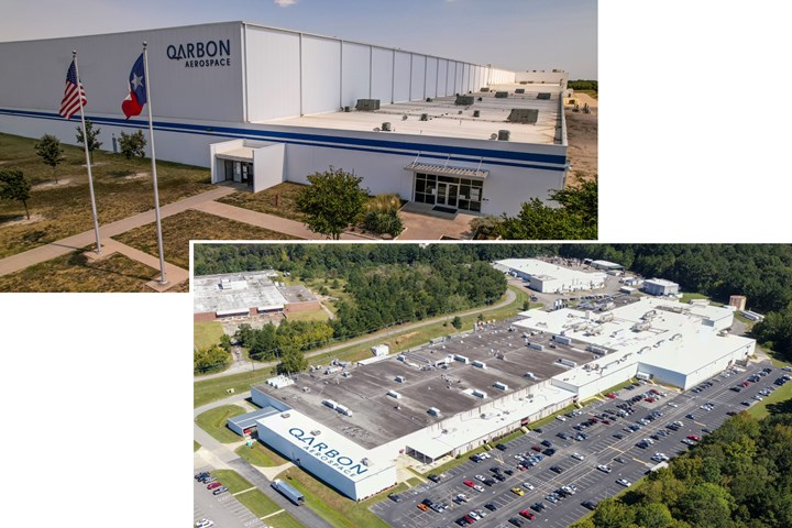 Qarbon Aerospace front view Red Oak facility and overhead of Milledgeville