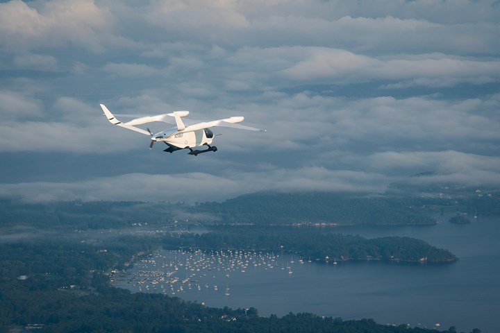Composites-intensive Alita eVTOL flying over Lake Champlain.