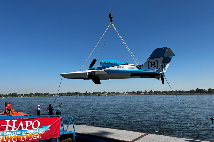 Hydroplane racing boat.