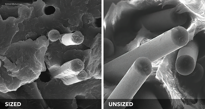 Micrographs of sized and unsized fibers. 