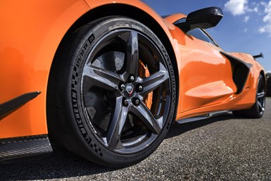 Close-up of Carbon Revolutions carbon fiber wheels.
