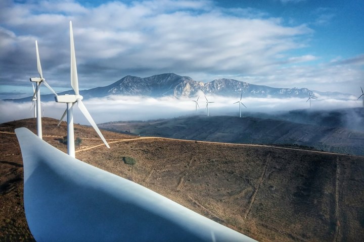 Wind farm seen from the top of a wind blade.