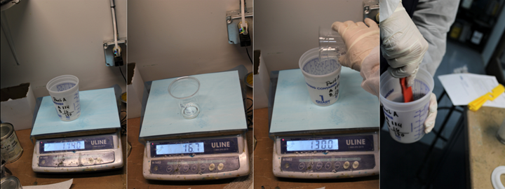 Weighing and mixing a two-part resin system.