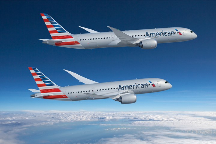 Boeing 787s in flight with American Airlines livery