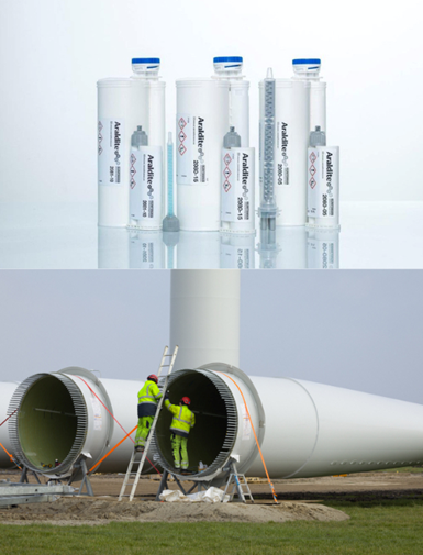 Non-flammable acrylate adhesive for wind turbines.