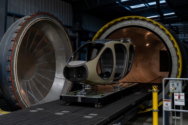 Joby eVTOL fuselage heads into large autoclave for post-cure.