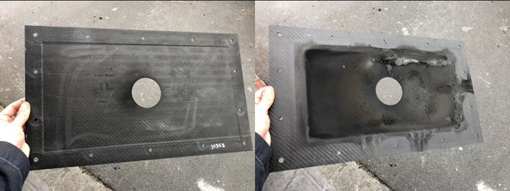 PyroKarb plate face before and after battery thermal runaway testing.