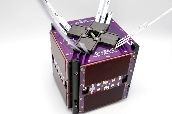 OreSat0 satellite with solar modules and deployed tri-band turnstile antenna.