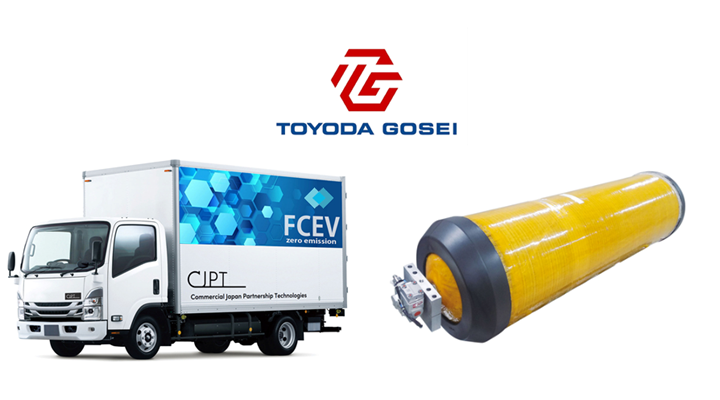 Toyoda Gosei hydrogen tank beside an FCEV truck.