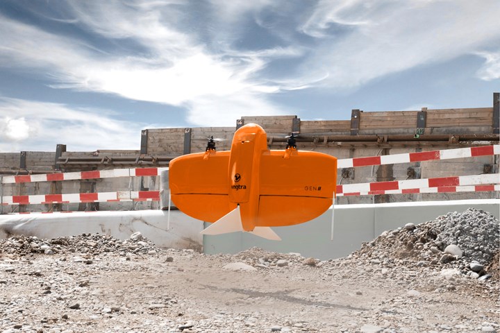 WingtraOne drone flying at a construction site.