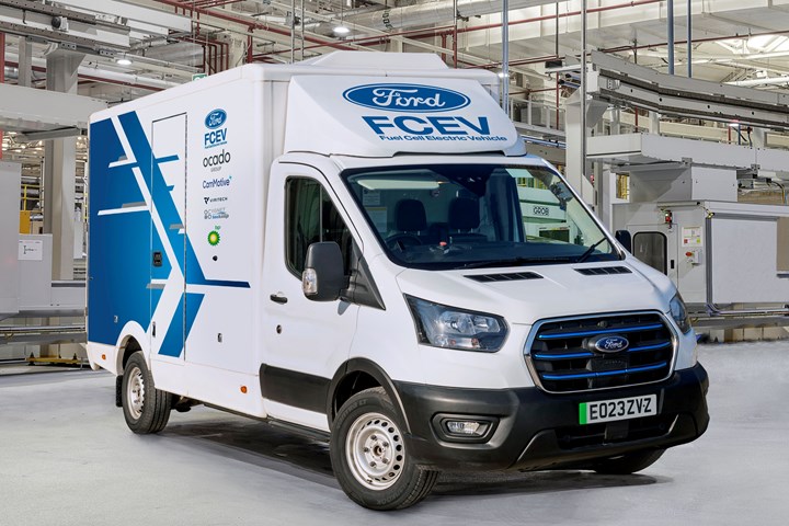 Front view of a hydrogen fuel cell Ford E-Transit at Dagenham