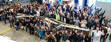 Joby Aviation plant tour, employees with assembled eVTOL wing