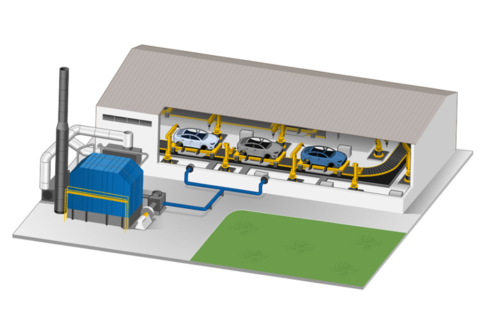 Diagram of a thermal oxidizer installation example at an automotive facility.