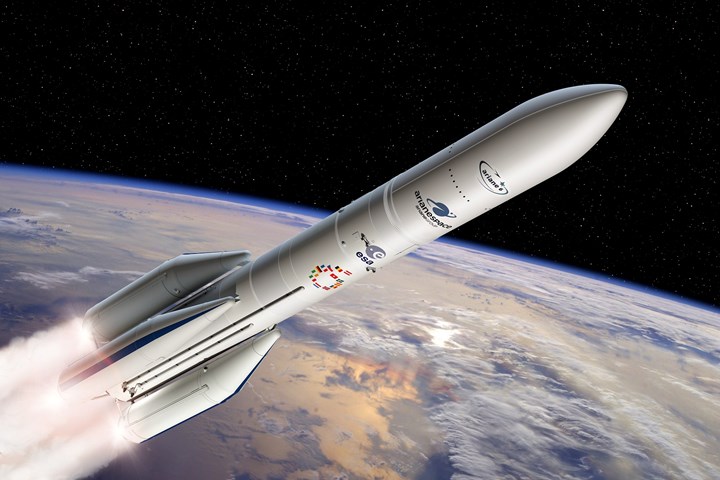 Rendering of the Ariane 6 launch vehicle in space.