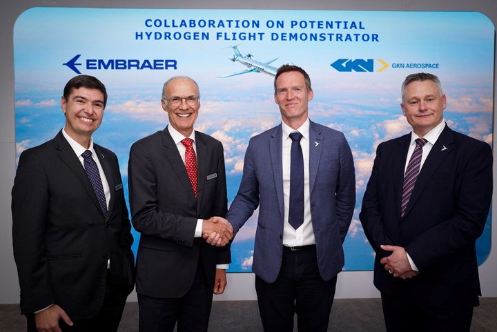 Embraer and GKN Aerospace partners shake hands.
