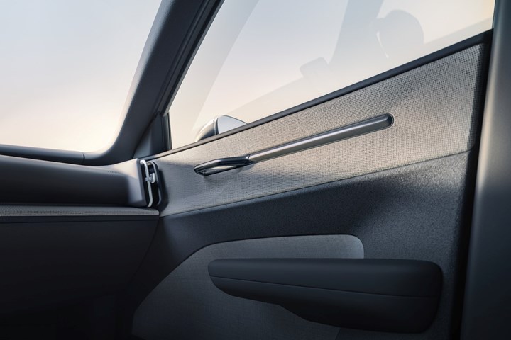 Interior natural fiber details of the Volvo EX30 dashboard.