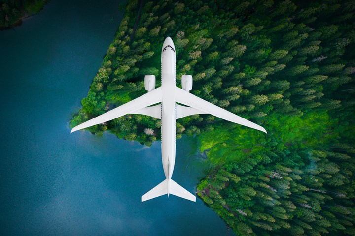 Rendering of a top view of an X-Plane aircraft flying above water and trees.