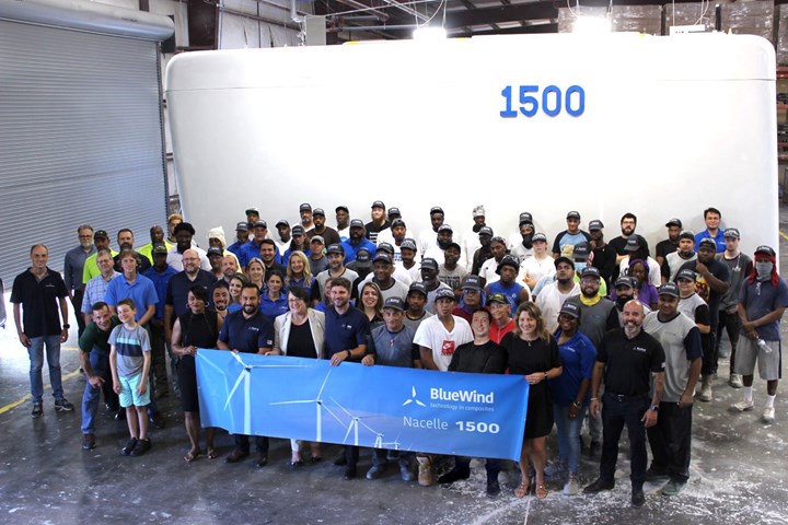 BlueWind Technology personnel hold up banner celebrating milestone.