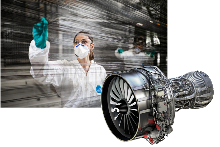 LEAP-1A engine and woman touching composite fibers.