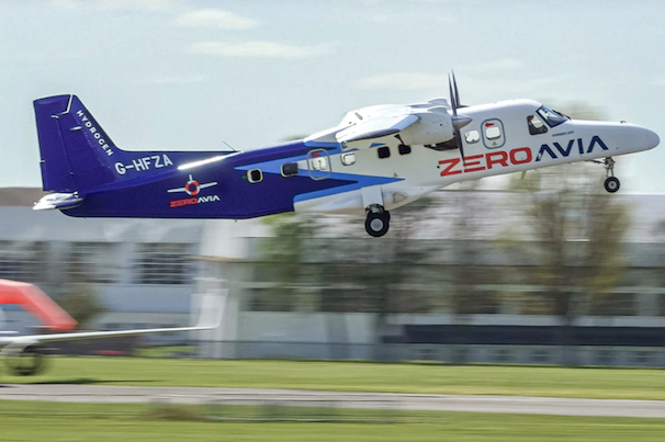 ZeroAvia hydrogen-electric aircraft taking off.