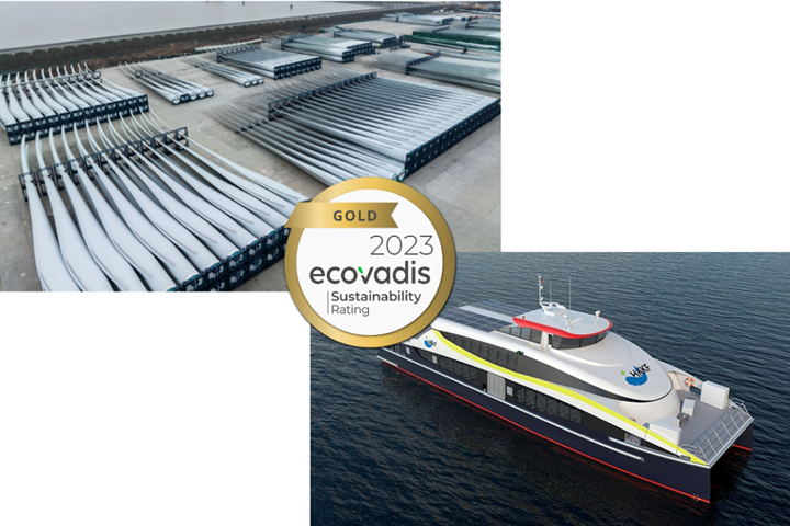 Compilation image of EcoVadis logo, wind blades and ferries.