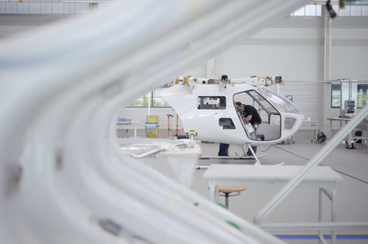 Volocopter aircraft in its final assembly phase at hangar.