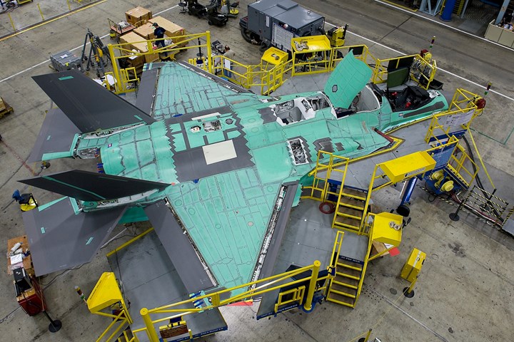 F-35 assembly Fort Worth, overhead with composite skins
