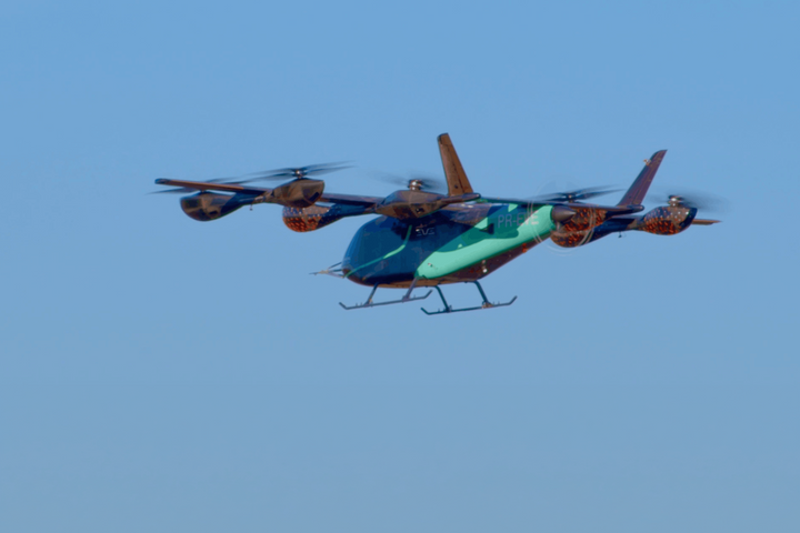 Eve eVTOL aircraft makes partial flight transition in the air.