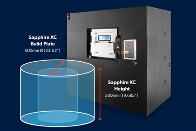 A press diagram showing the upcoming Sapphire XC and the dimensions of its build plate
