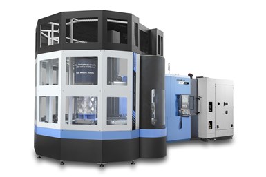 A photo of the Doosan multi-level Rotary Pallet System paired with one of the company's NHP horizontal machining centers