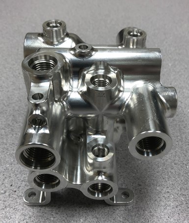 A multi-port hydraulic manifold for hydrofoil sailboats machined at KCS Advanced Machining Services.