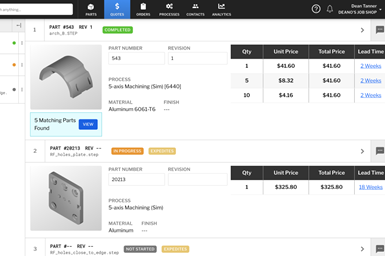 A partial screenshot of Paperless Parts' materials screen, listing prices and lead times for particular pictured parts