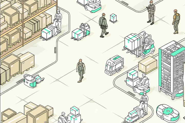 An illustration of operators and robots on a shop floor.